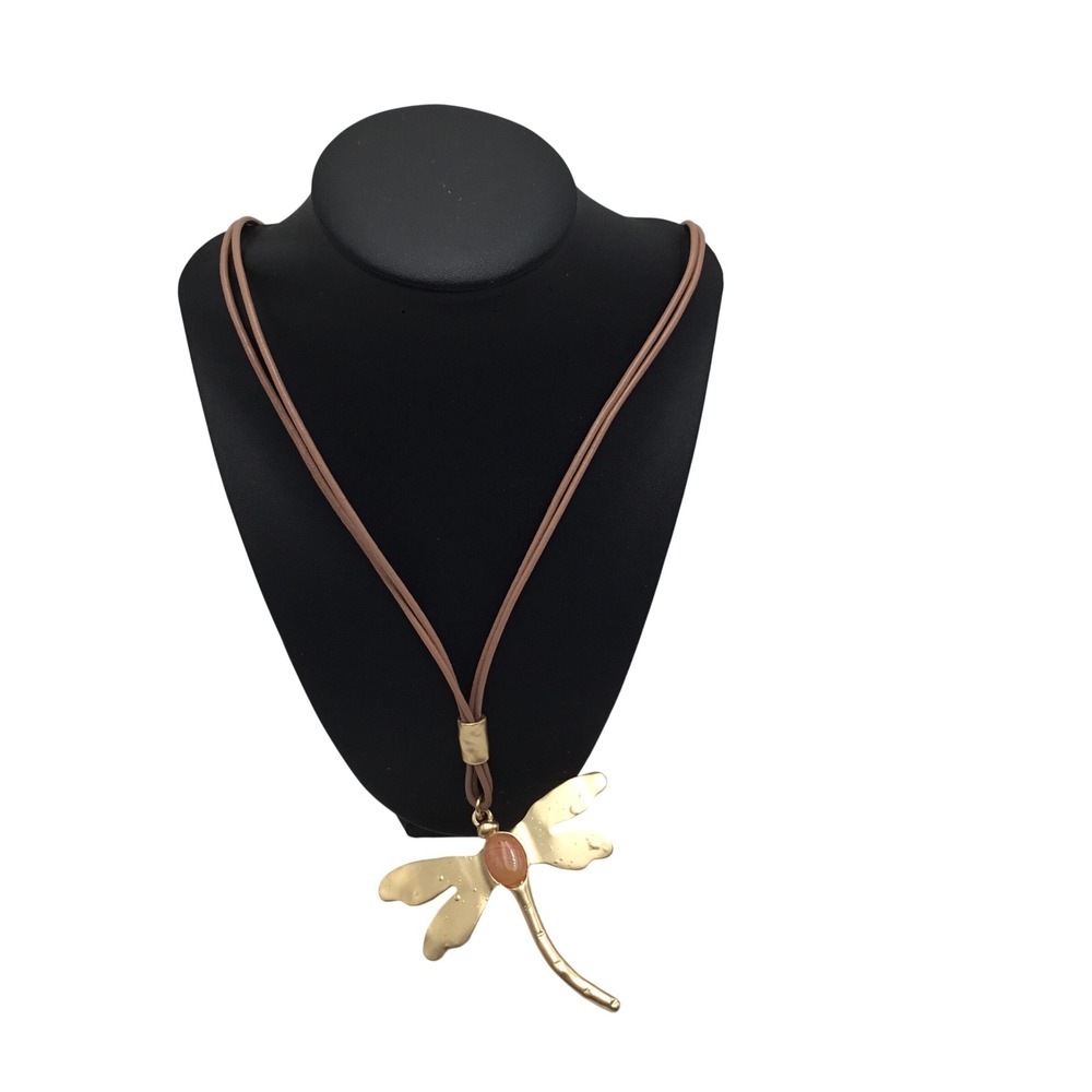 Gold Tone Dragonfly Pendant Necklace Brown Cord Orange Stone Boho Statement